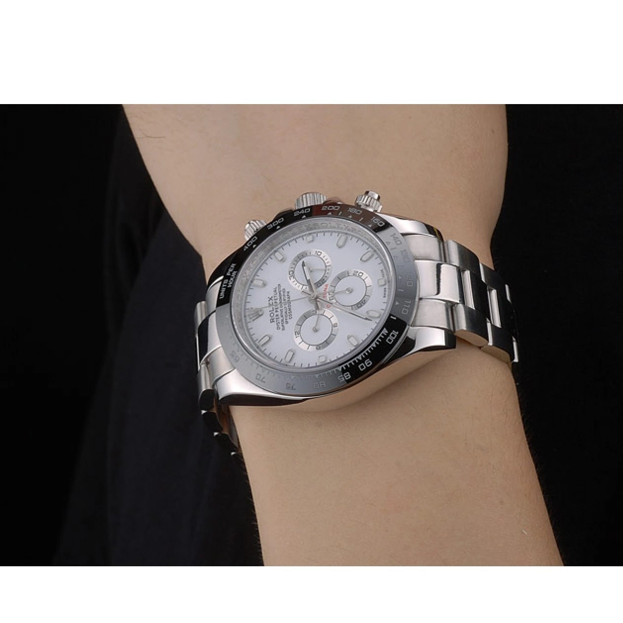 AAA replica watch Rolex 80249 Steep White Daytona Tachymeter Ceramic Stainless Black Dial Strap 0615